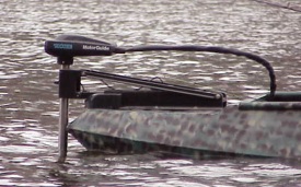 bow mounted trolling motor in the water